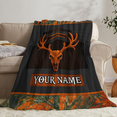 Lifestyle display of the hunting deer skull blanket in a room setting.