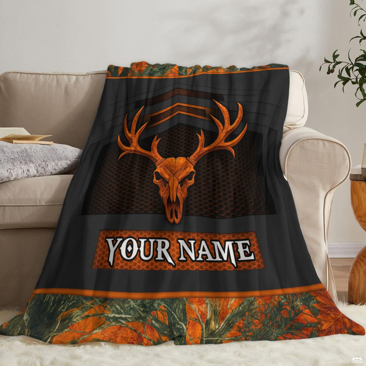 Lifestyle display of the hunting deer skull blanket in a room setting.