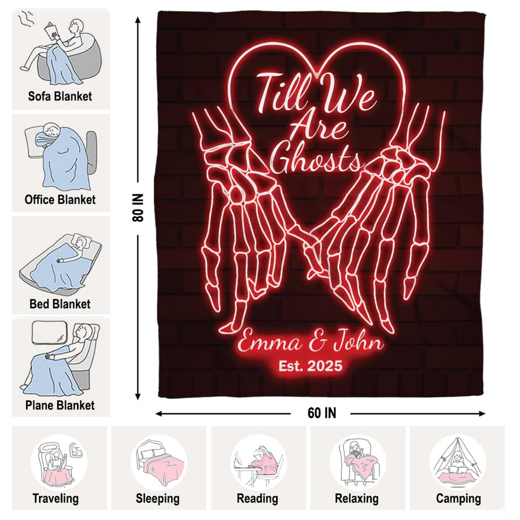 Red neon skeleton hands throw blanket draped over contemporary living room sofa