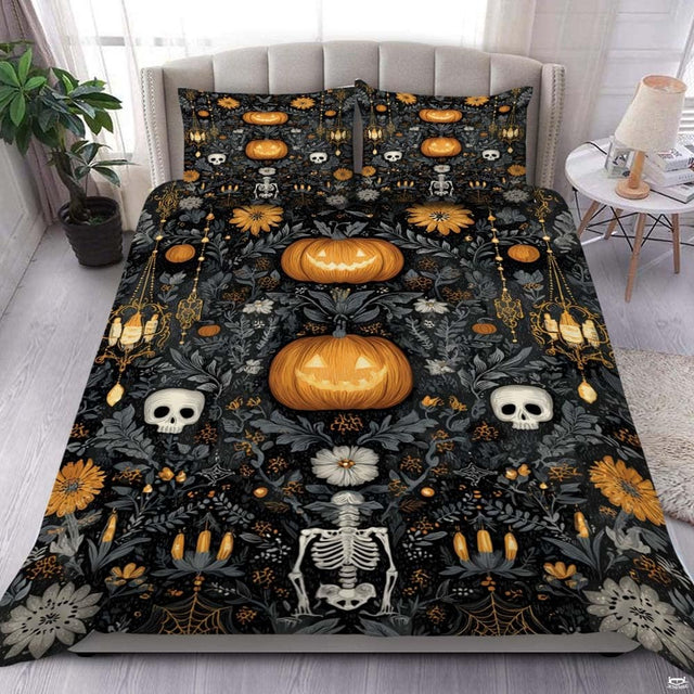 Overhead bedroom view displaying gothic skeleton and pumpkin damask bedding with matching pillowcases.