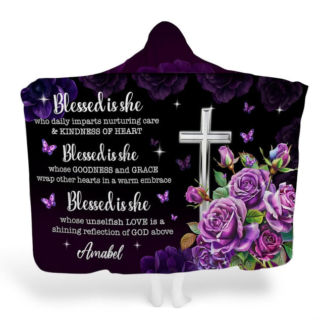 Close view of elegant purple rose floral artwork and graceful butterflies on luxury bedding sets.