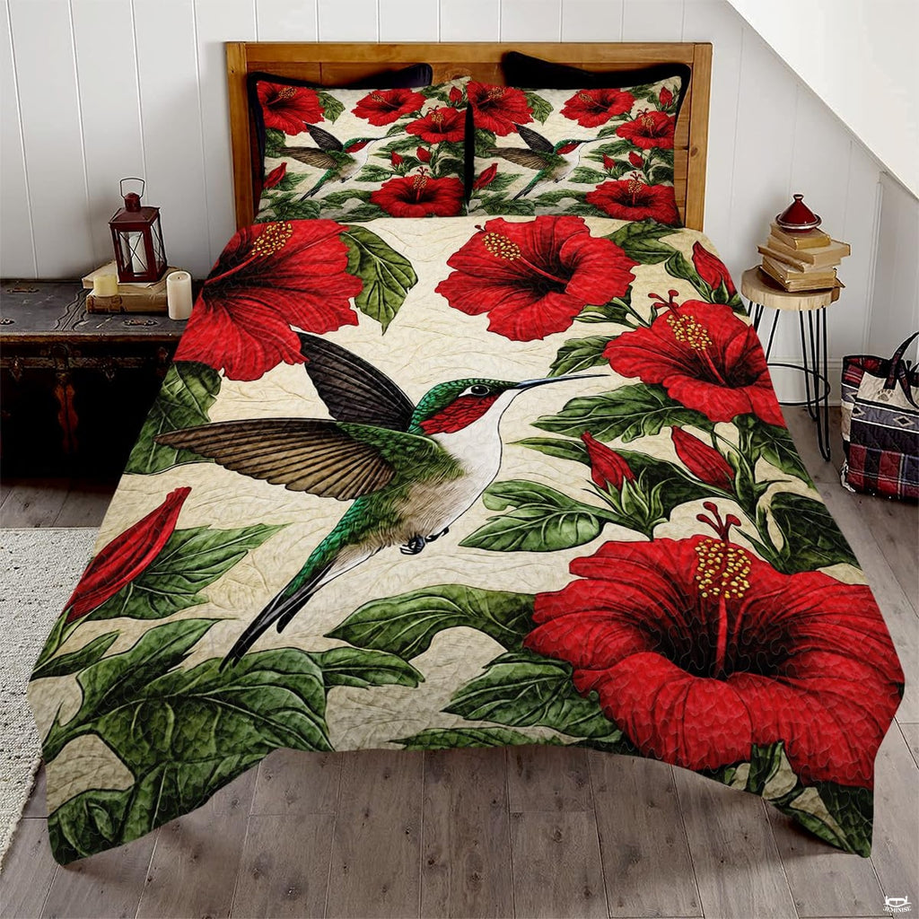 Red hibiscus hummingbird bedding set with green leaves on an ivory background