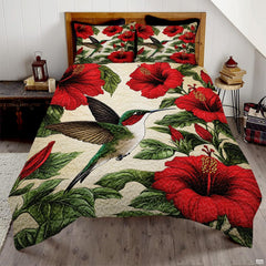 Red hibiscus hummingbird bedding set with green leaves on an ivory background