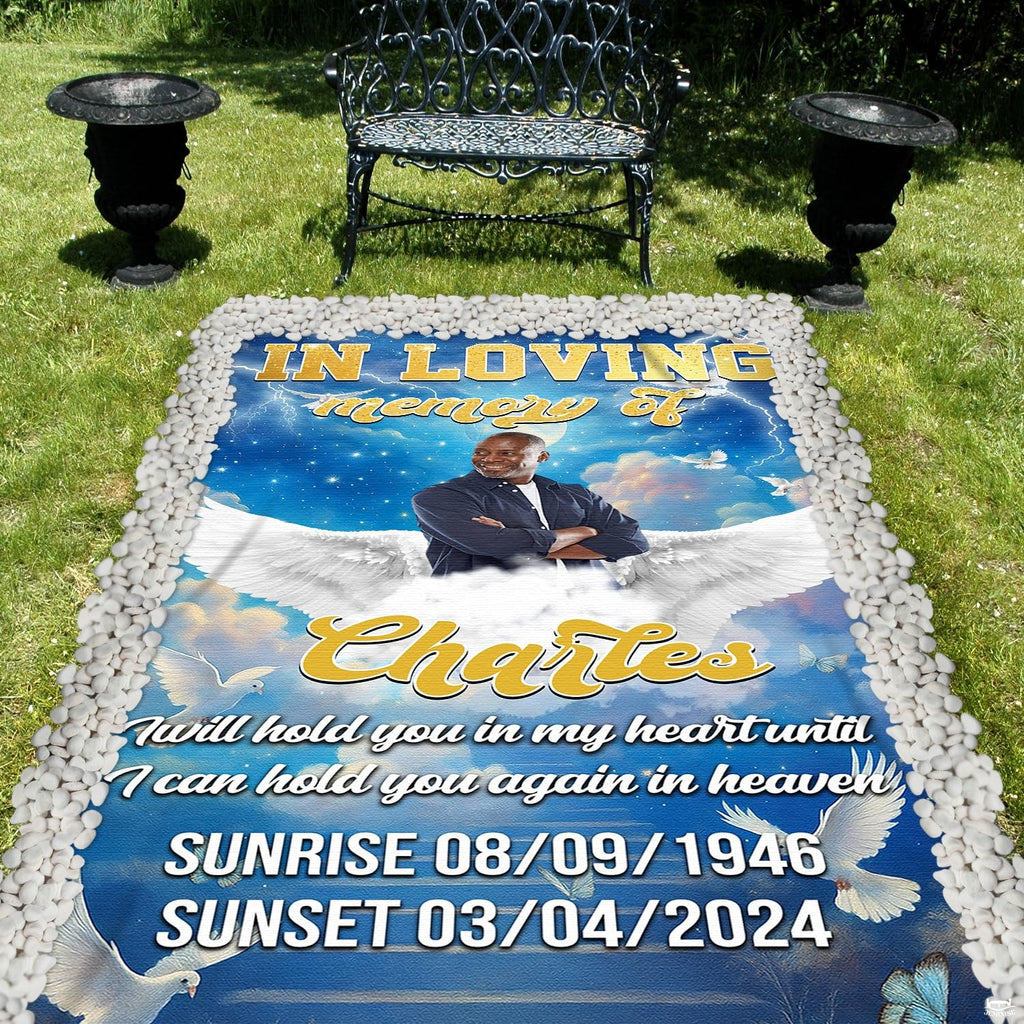 Close perspective of celestial clouds and ascending white doves on tribute drape