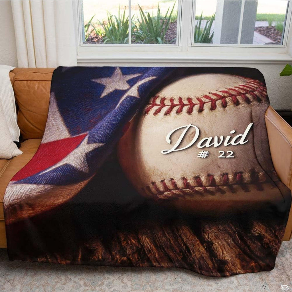 Bedroom display featuring patriotic baseball sports theme bedding decor styling.