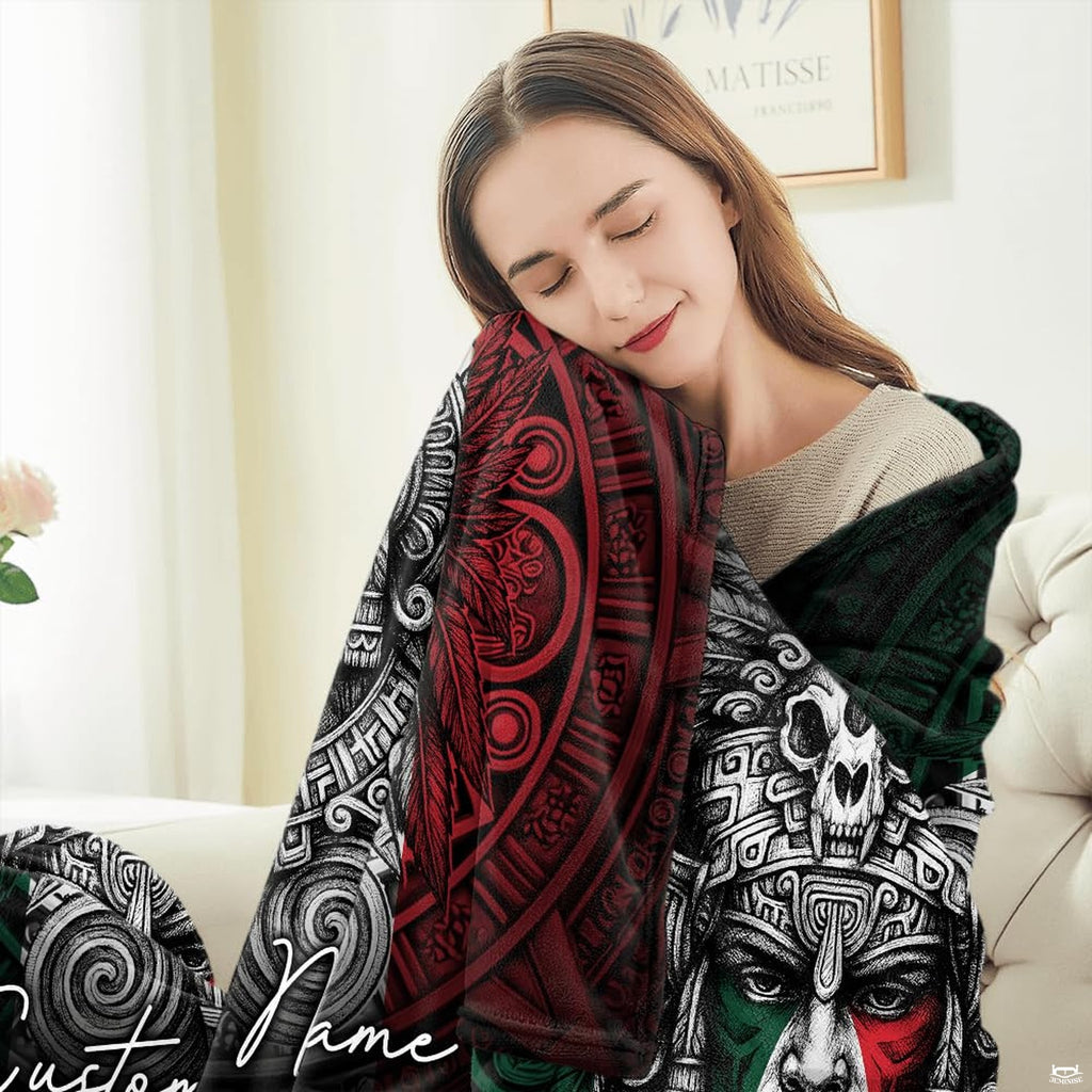 Detailed tribal headdress and crimson red tones on Mexican flag bed sheets.