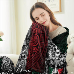 Detailed tribal headdress and crimson red tones on Mexican flag bed sheets.