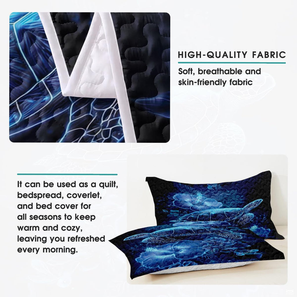 Overhead perspective of coastal blue bedding set emphasizing radiant tropical marine florals and black backdrop.
