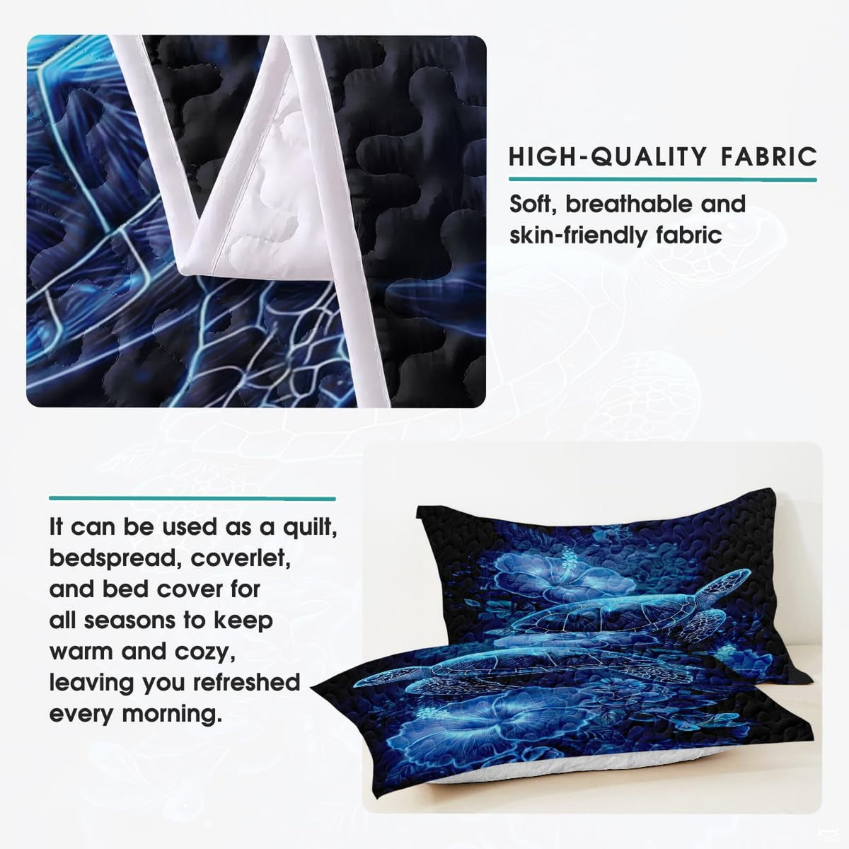 Overhead perspective of coastal blue bedding set emphasizing radiant tropical marine florals and black backdrop.