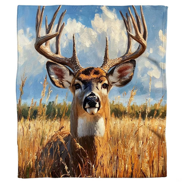 Close up of majestic antlered buck artwork with warm amber tones for deer print bedding sets.