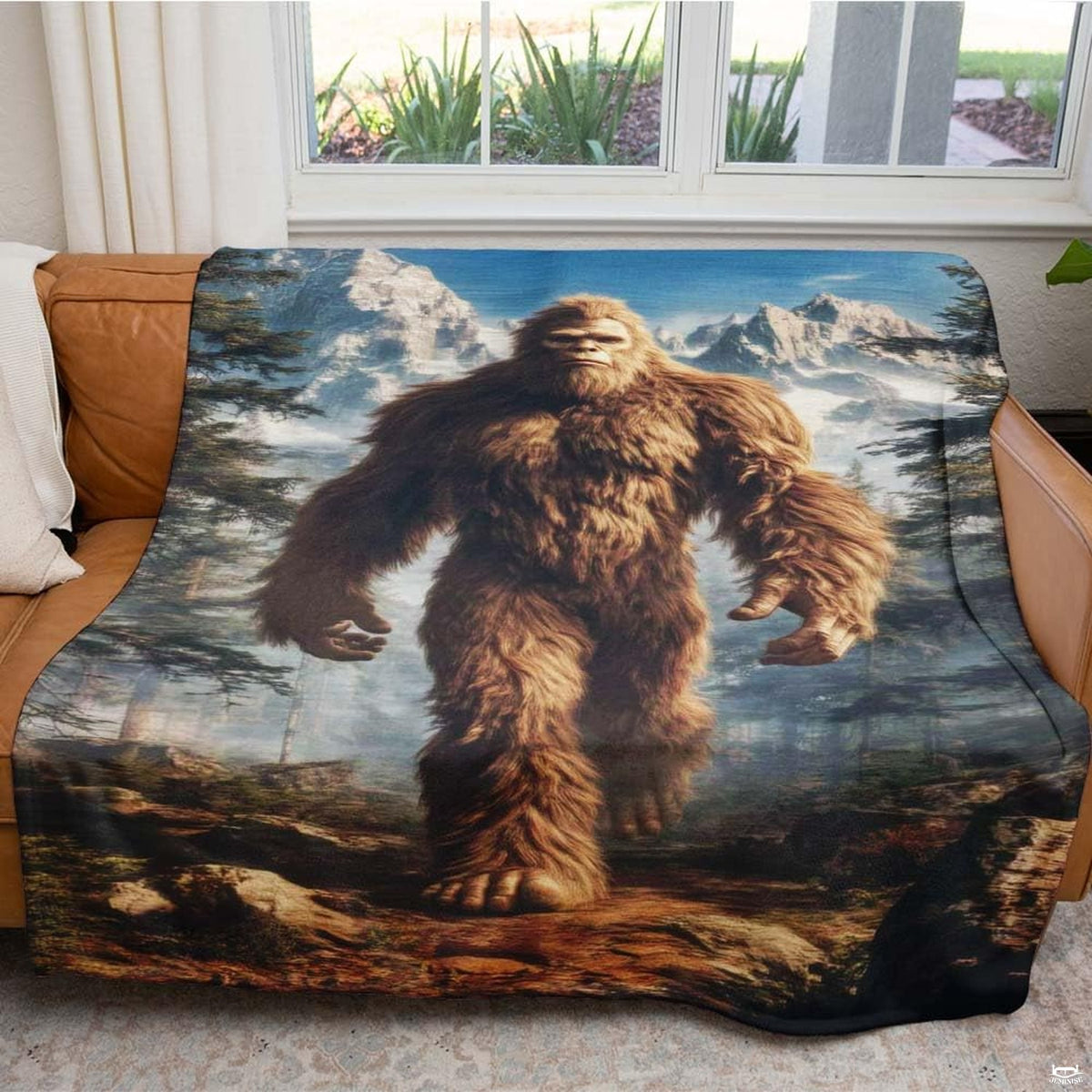 Close perspective of Bigfoot visual motif among pine needles and misty ridges.