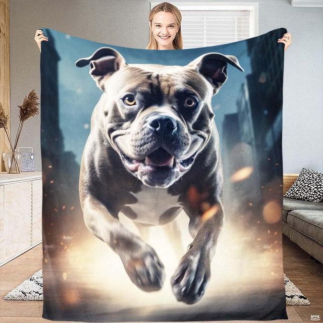 Energetic pitbull running toward camera amidst glowing urban lights, view 1.