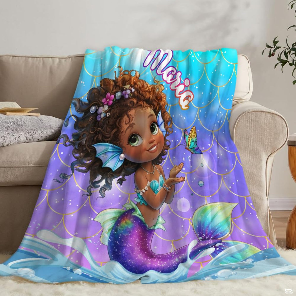 Whimsical mermaid bedding set artwork highlighting rich turquoise scales, sparkling ripples, and fantasy themes.