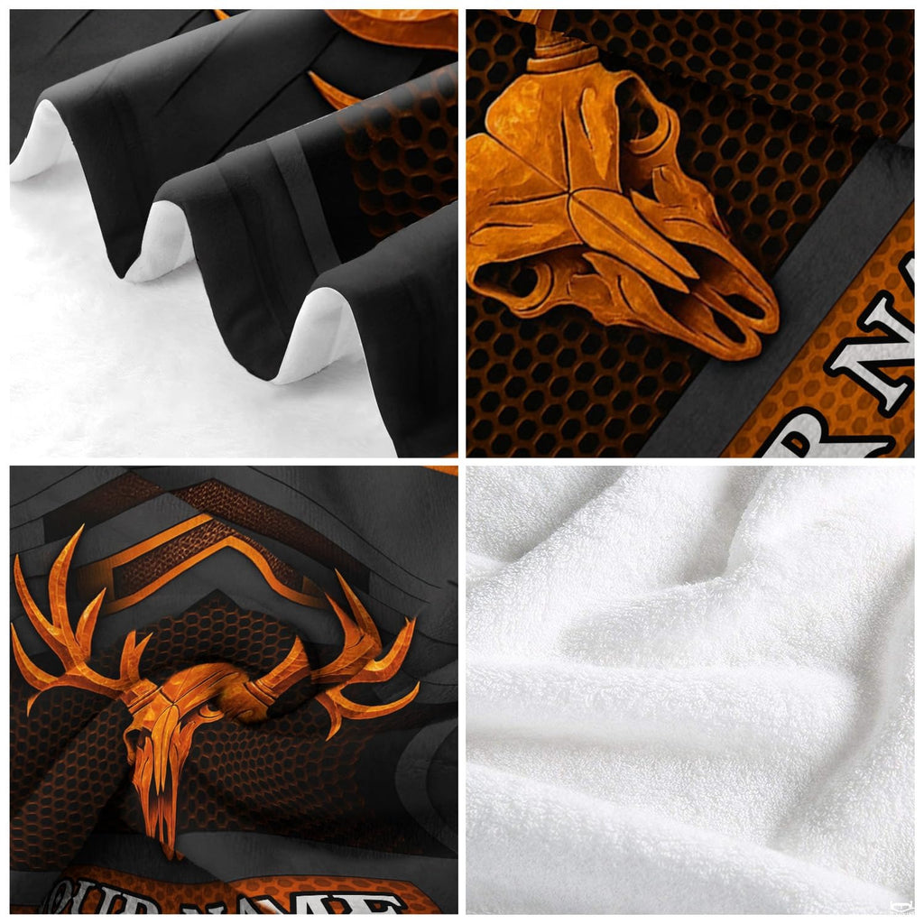 Full flat lay of the deer antler skull camo hunter blanket composition.