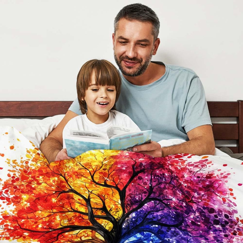 Watercolor rainbow tree of life colorful art blanket showing painterly design view 3