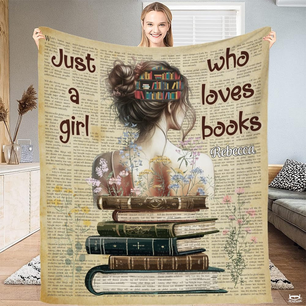 Personalized Books in Bun Girl Reading on Antique Books Throw Blanket