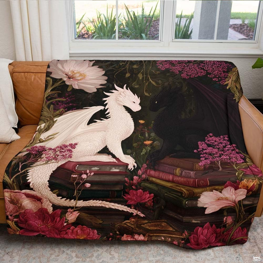 White and black dragons throw blanket view 4 highlighting twin drakes, books, and peony flowers