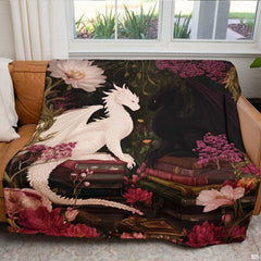 White and black dragons throw blanket view 4 highlighting twin drakes, books, and peony flowers