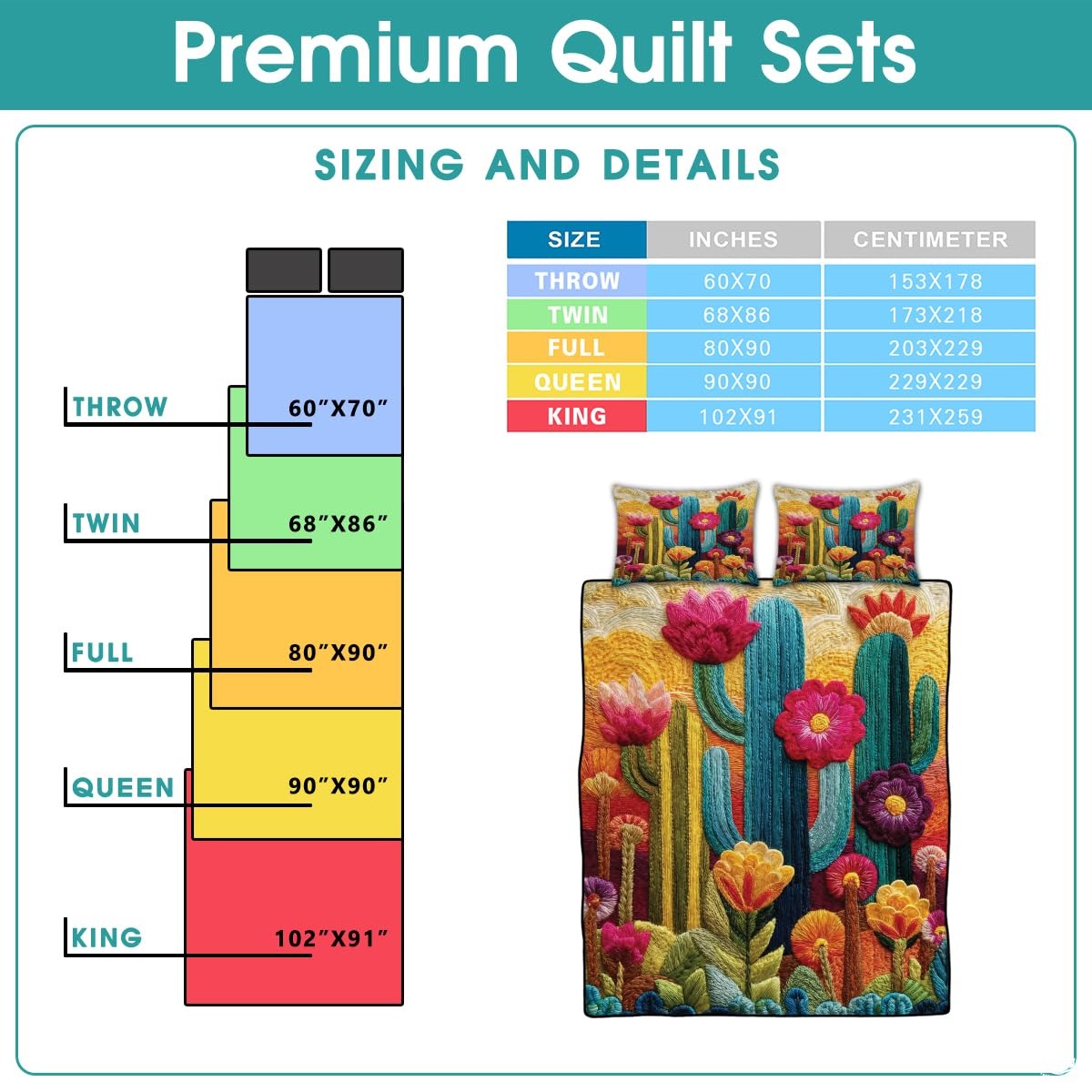 Personalized Vibrant Embroidered Desert Cactus Quilt Set