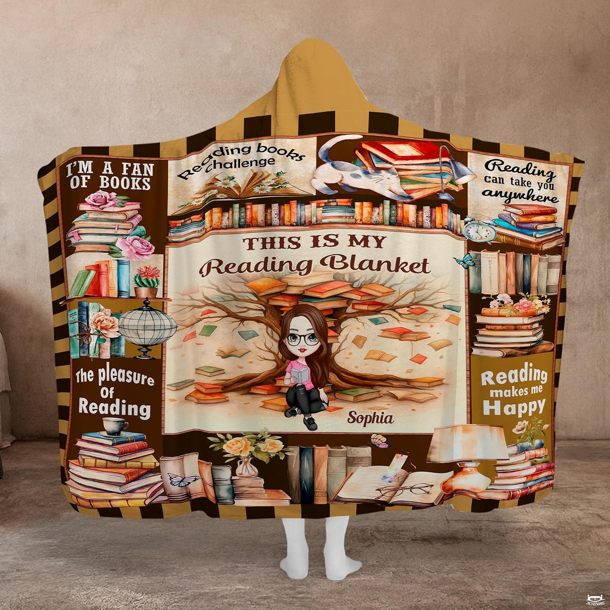 Reader throw blanket draped over a armchair near a home library bookshelf