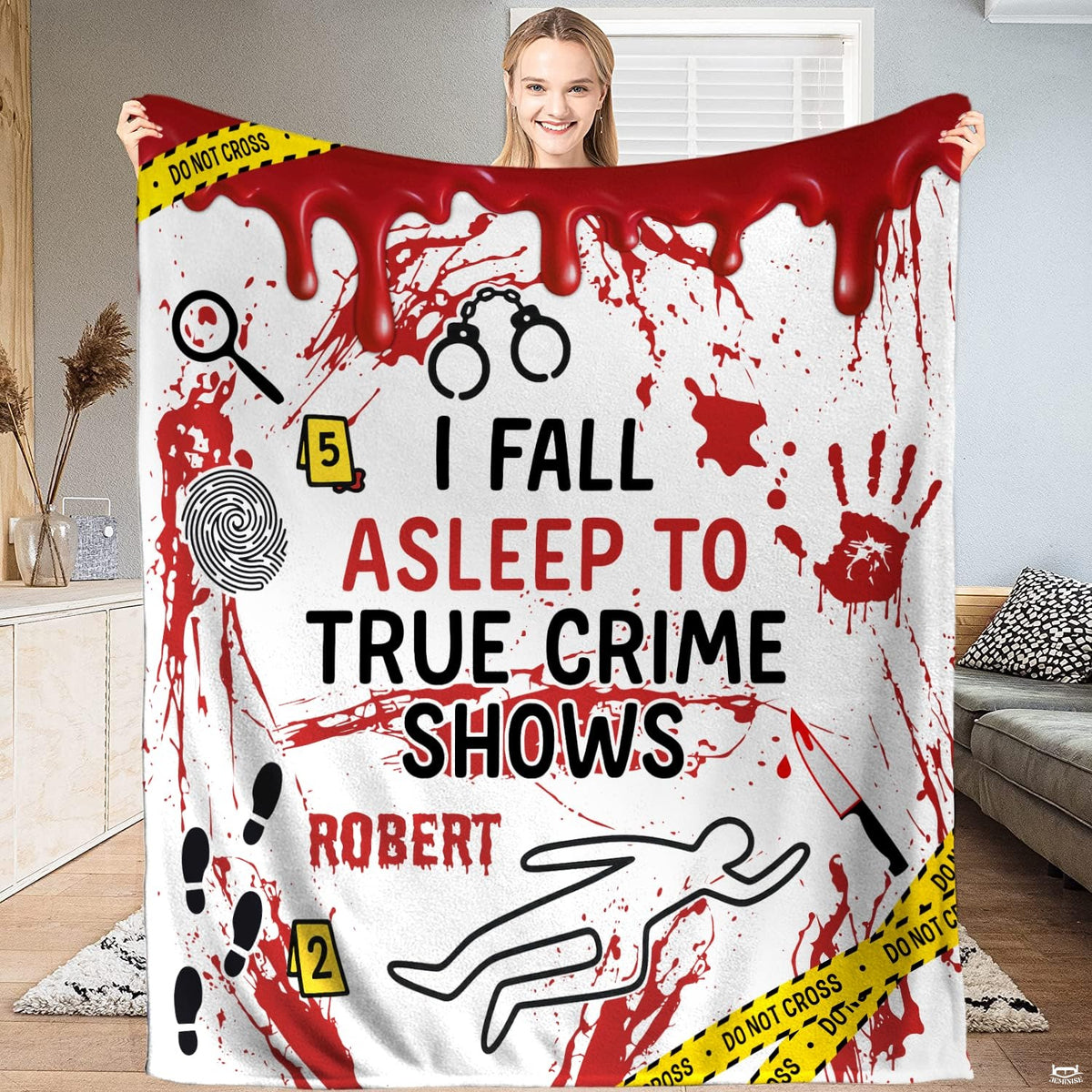 thematic accent scene bedding set displaying chalk outline, yellow evidence markers, and caution tape on white backdrop.
