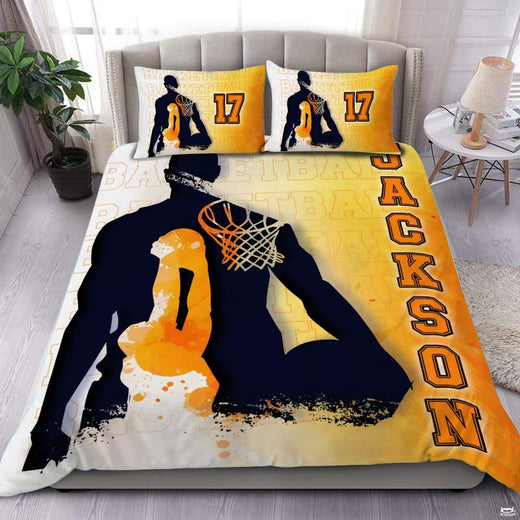 Basketball double exposure bedding featuring athlete silhouette with inner hoop scene in golden amber tones