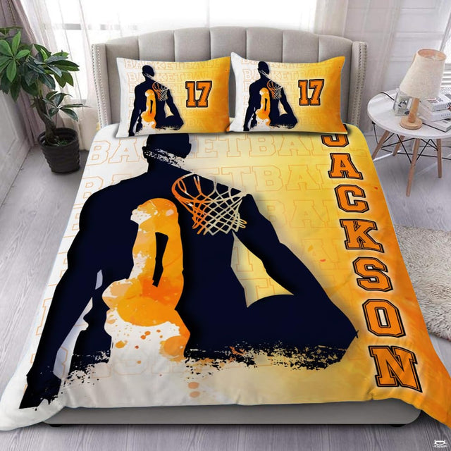 Basketball double exposure bedding featuring athlete silhouette with inner hoop scene in golden amber tones