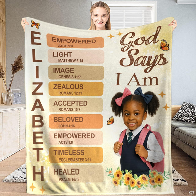 Schoolgirl throw blanket featuring smiling afro pigtails girl with sunflowers and butterflies.