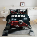 Monochrome ice hockey goalie player sports bedding set displayed neatly on a bed in a modern youth bedroom