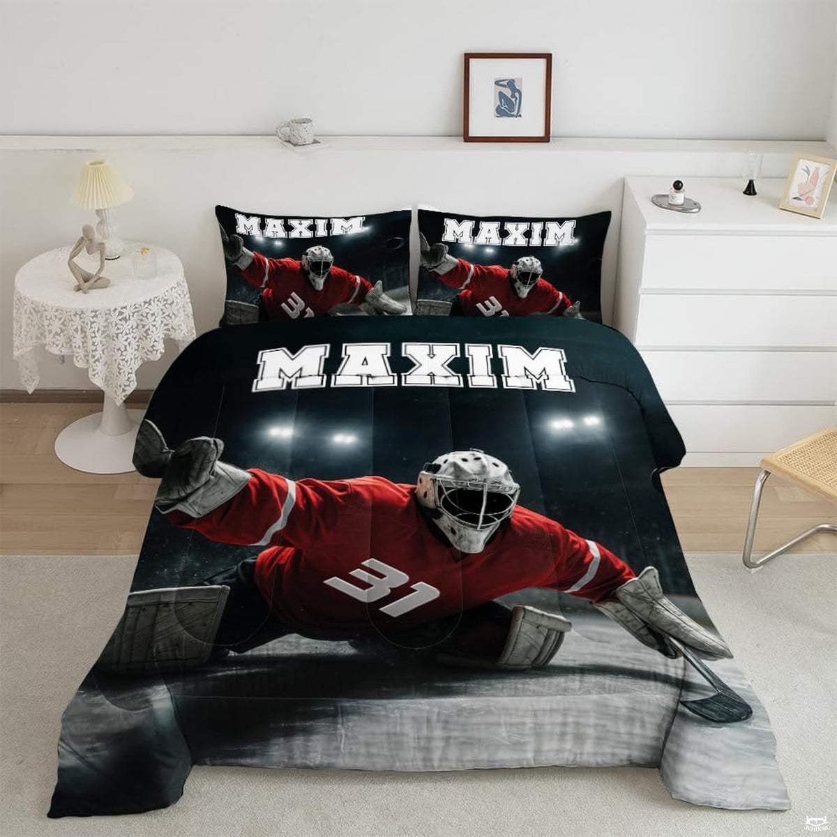 Monochrome ice hockey goalie player sports bedding set displayed neatly on a bed in a modern youth bedroom
