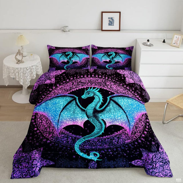 Sparkling peacock dragon fantasy mythical bedding set displayed neatly on a bed in an adventurous bedroom