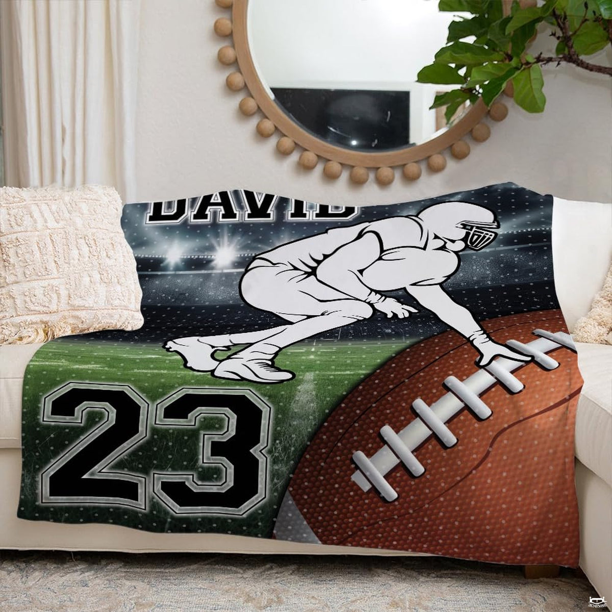 Detailed view of bright arena floodlights and varsity jersey numbers on football throw blanket