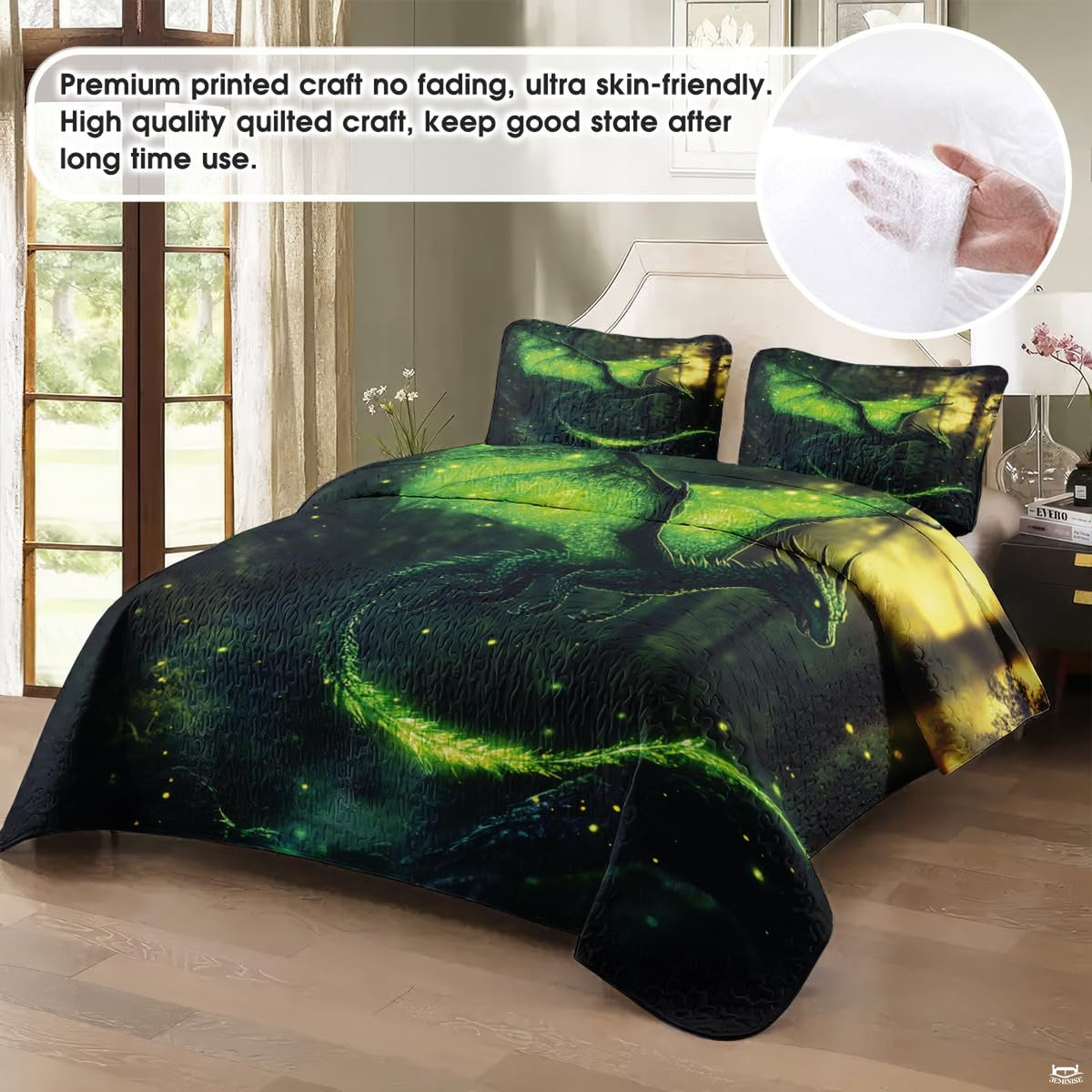 Bedroom view of green flying dragon with scattered lights