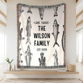 Vintage fish engraving lakehouse throw blanket featuring freshwater fish sketches around central text