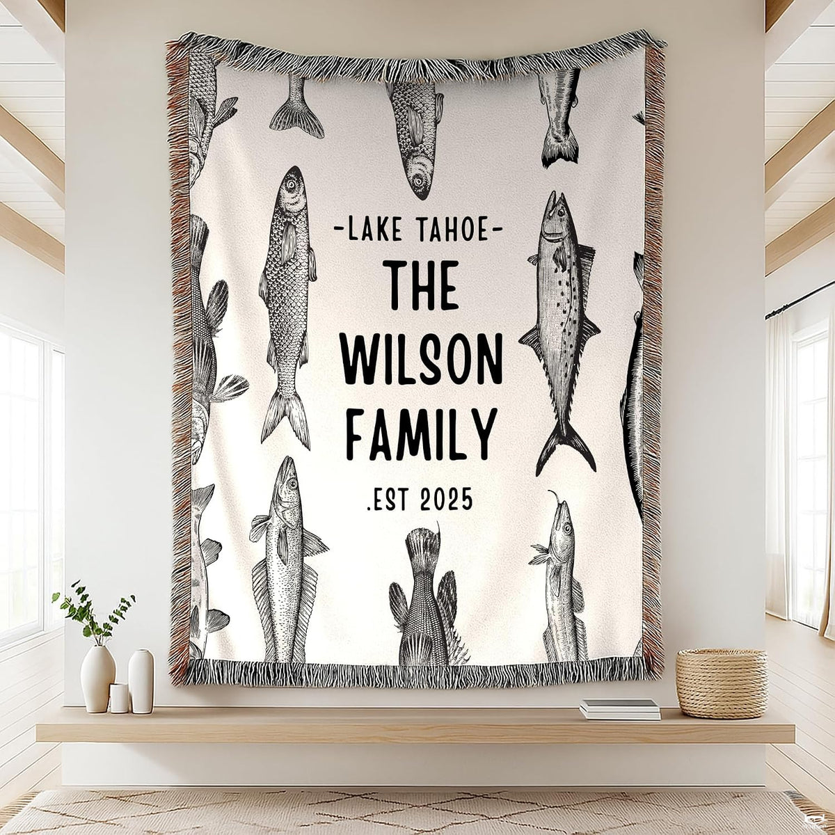 Vintage fish engraving lakehouse throw blanket featuring freshwater fish sketches around central text