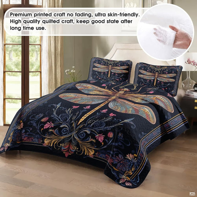 Navy dragonfly bedding in a softly lit bedroom