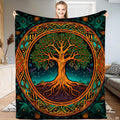 Tree of life bedsheet featuring Celtic knotwork borders and sprawling roots on a deep teal backdrop.