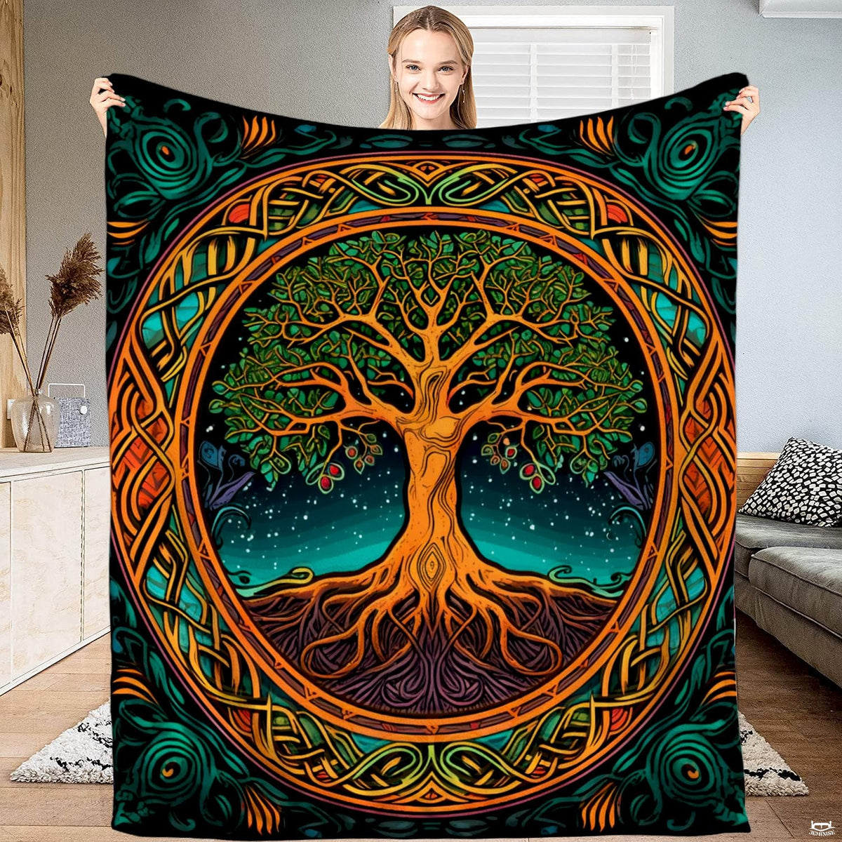 Tree of life bedsheet featuring Celtic knotwork borders and sprawling roots on a deep teal backdrop.