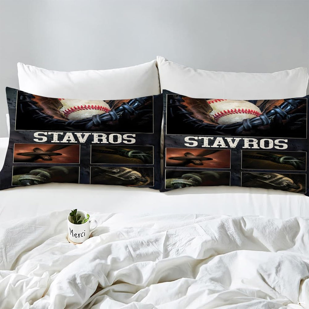 Multi-panel sports collage detailing baseball mitt lacing and dark charcoal athletic background artwork.