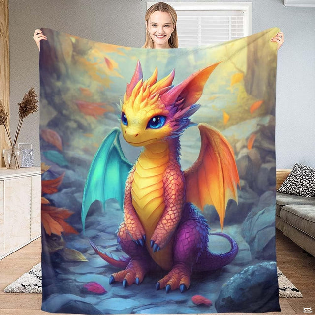 Whimsical rainbow baby dragon throw blanket featuring cute dragon with colorful wings on woodland path
