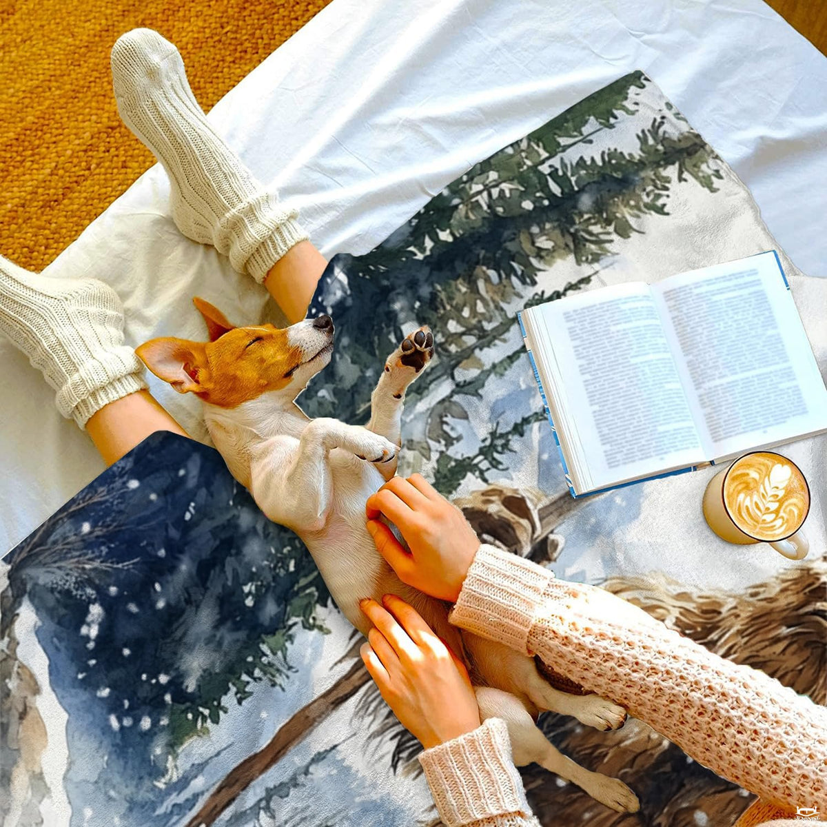Overhead angle of person and puppy resting near alpine forest illustration motif.