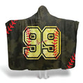 Woodland camo softball jersey throw blanket featuring yellow stitched jersey numbers on camo pattern