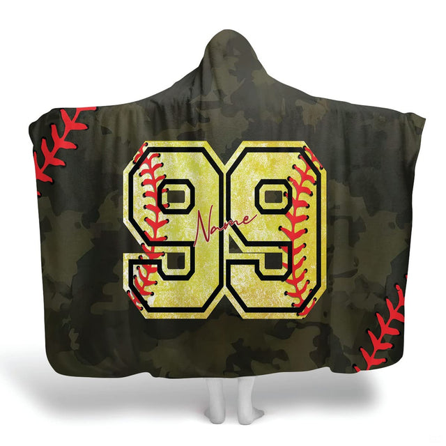 Woodland camo softball jersey throw blanket featuring yellow stitched jersey numbers on camo pattern