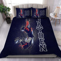 Athletic bed sheets featuring a football player leaping mid-air with crimson splatter and glowing energy trails.