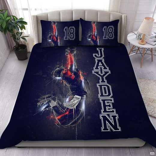 Athletic bed sheets featuring a football player leaping mid-air with crimson splatter and glowing energy trails.