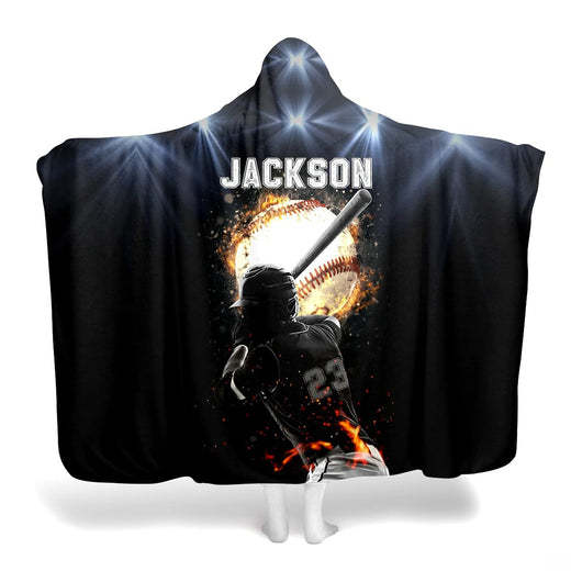 Baseball batter blanket featuring a hitter under stadium lights with a flaming baseball on black.