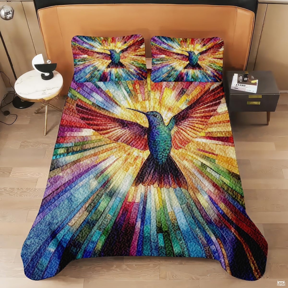 Overhead bed view with hummingbird and bright rainbow rays
