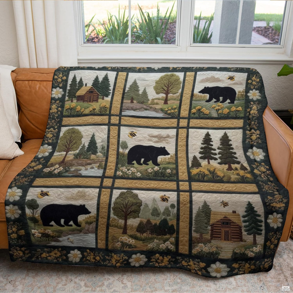 Rustic log cabin throw blanket folded neatly on bedroom bench