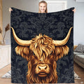Scottish Highland cow portrait with sweeping horns against charcoal black damask pattern, view 1.