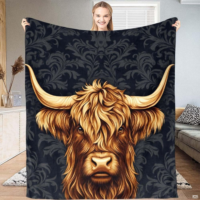 Scottish Highland cow portrait with sweeping horns against charcoal black damask pattern, view 1.